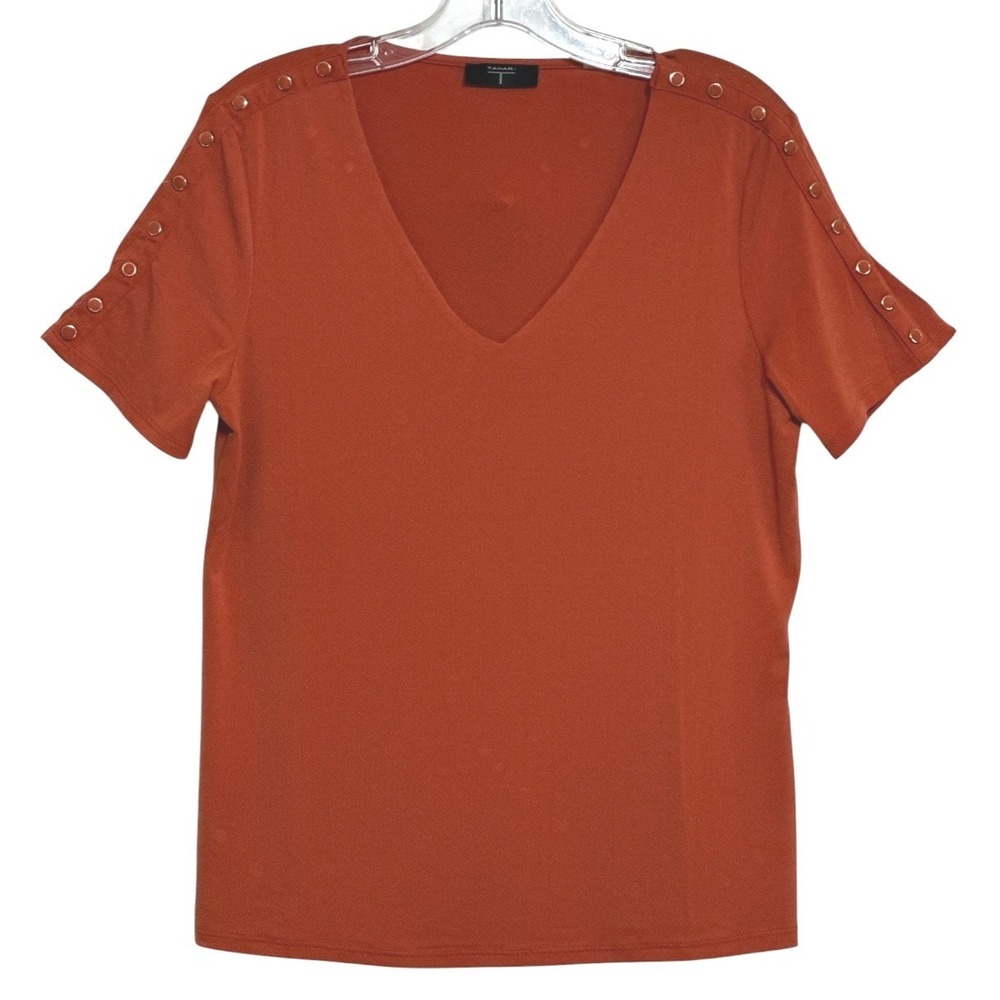 Tahari V-Neck Top Women Rust Grommet Short Sleeve Minimalist Earthtone Modern M